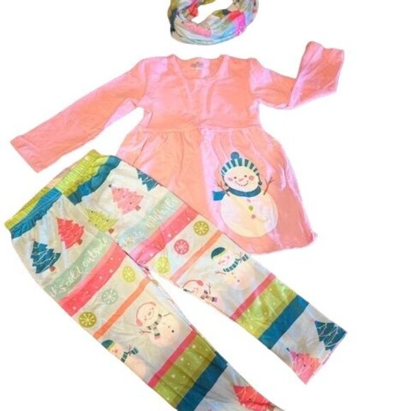 Christmas Snowman Toddler pink Outfit With Scarf Set festive print - Picture 1 of 5
